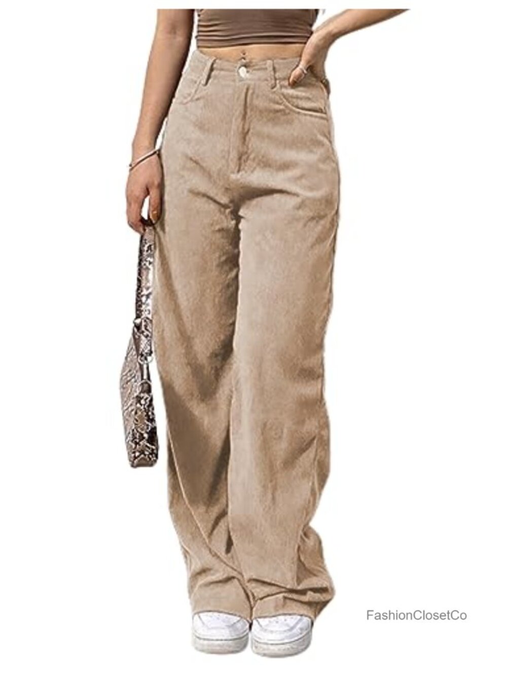 Women's Corduroy High Elastic Waist Wide Leg Pocketed Pants Trousers